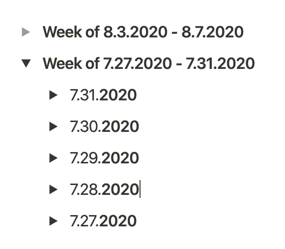 "Week of 7.27.2020 - 7.31.2020" Toggle List with 5 toggle lists, one for each day