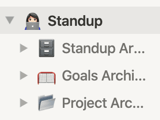 Notion screenshot of sidebar showing archive pages nested under main "standup" page