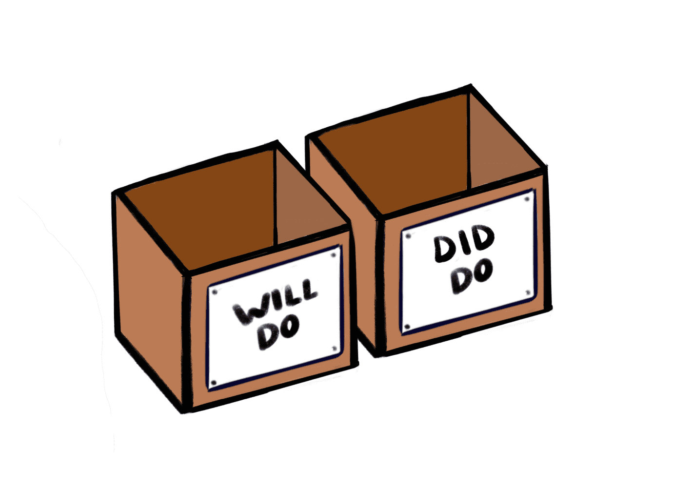 two empty cardboard boxes labeled "WILL DO" and "DID DO"