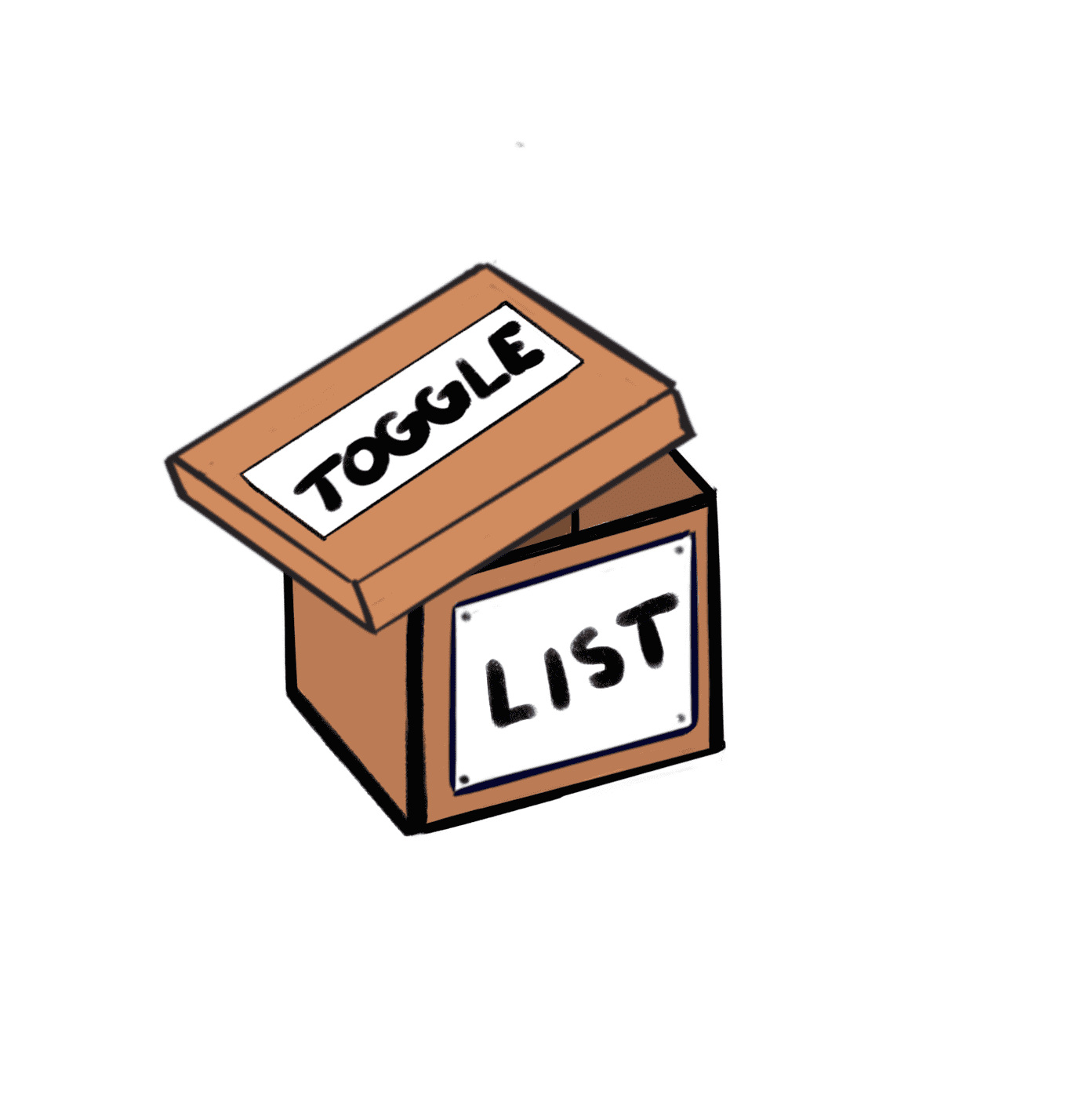 cardboard box labeled "list" and lid labeled "toggle"