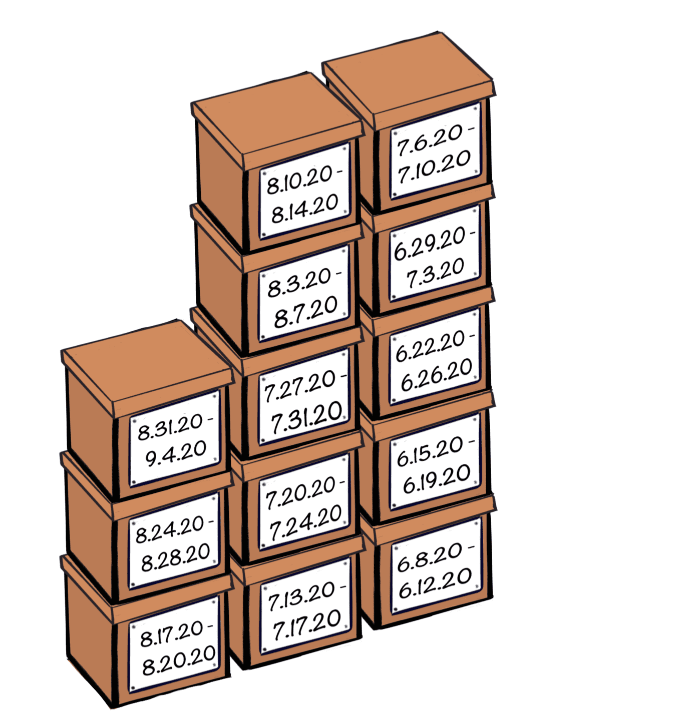 three stacks of cardboard boxes, each labeled with a range of dates