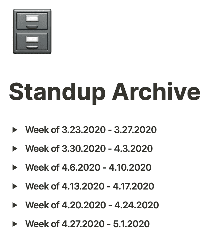 Notion screenshot of "Standup Archive" page with dated Toggle Lists