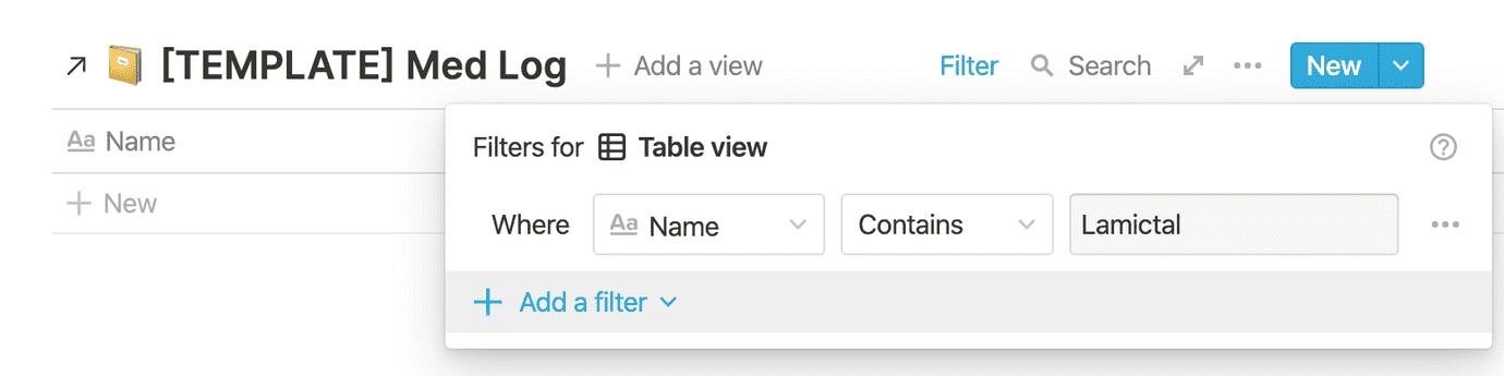 Screenshot of table view filter UI
