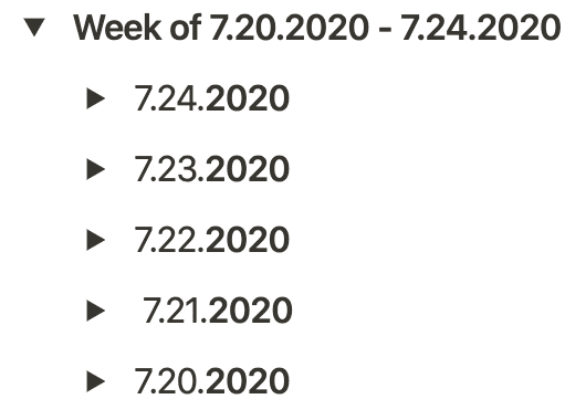 Notion screenshot of week toggle list with dates