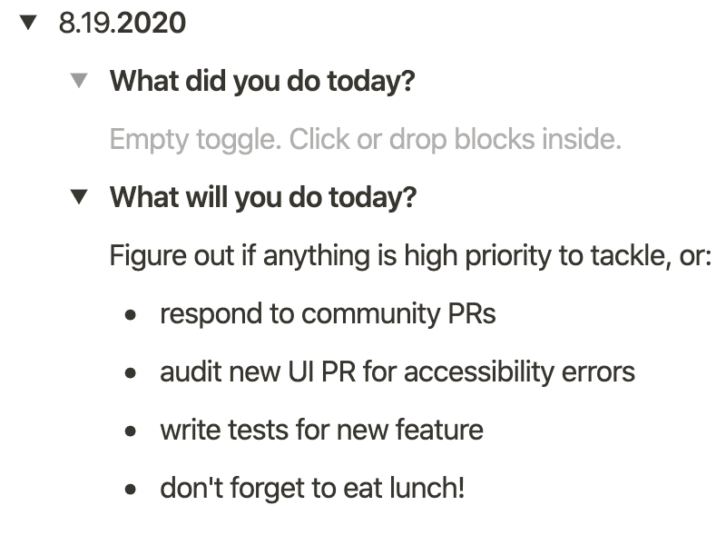 Notion screenshot of full "will do" toggle list and empty "did do" toggle list